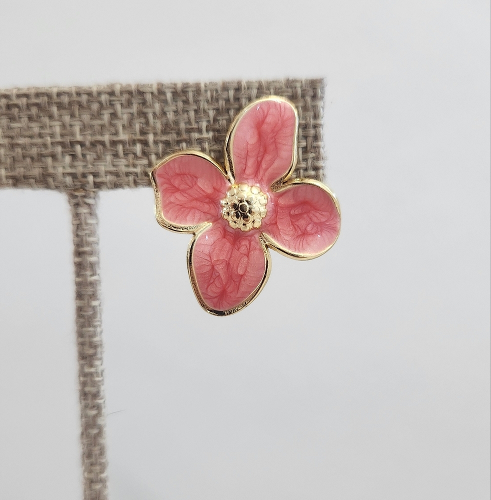Gold & Pink Enamel Floral Stainless Steel Stud Earrings - Picture 9 of 10